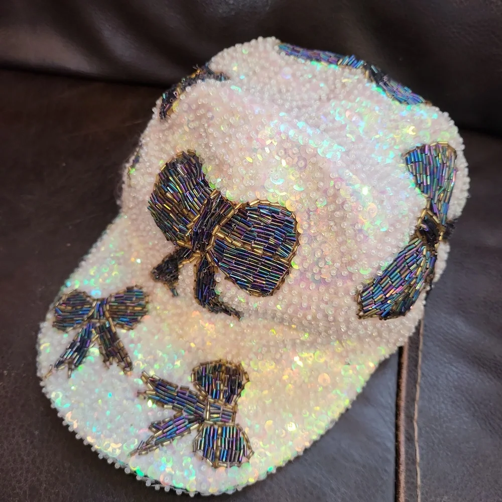 Women's Sequined Beaded Bow Baseball Hat Size Medium - Picture 2 of 5